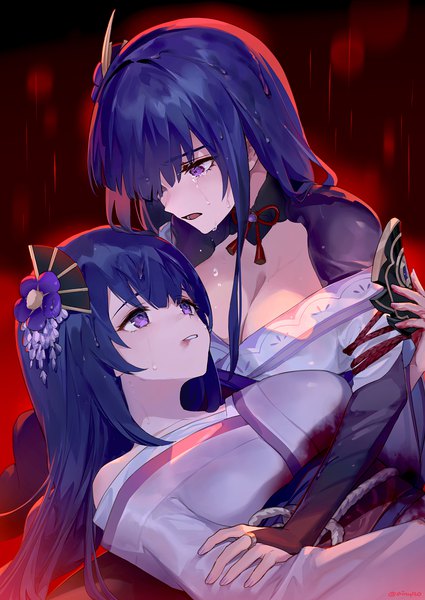 Anime picture 1200x1694 with genshin impact raiden shogun makoto (genshin impact) ainy long hair tall image breasts light erotic large breasts purple eyes multiple girls cleavage purple hair traditional clothes japanese clothes tears siblings crying eye contact twins