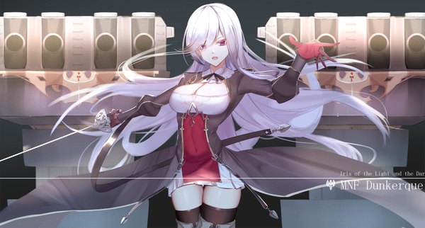 Anime picture 2000x1076 with azur lane dunkerque (azur lane) eternity (shadeh) single long hair looking at viewer fringe highres breasts open mouth light erotic simple background wide image large breasts standing purple eyes holding cleavage silver hair arm up
