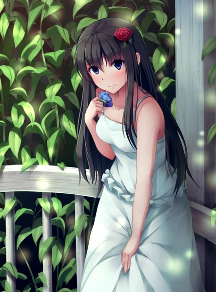 Anime picture 1178x1596 with original nicoby single long hair tall image looking at viewer blush blue eyes black hair hair flower girl dress flower (flowers) sundress