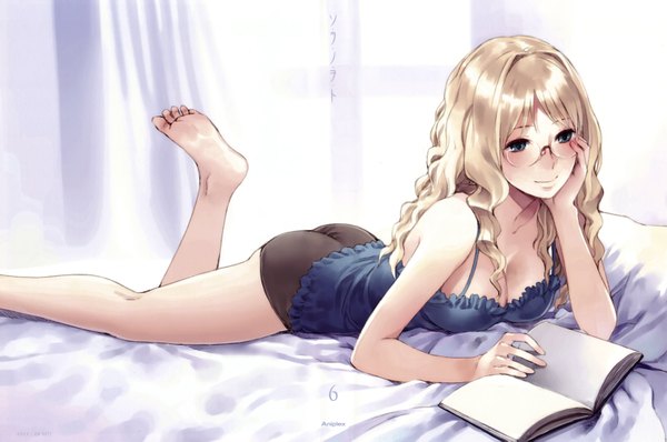 Anime picture 3212x2135 with sora no woto a-1 pictures filicia heideman kishida mel single long hair blush highres breasts blue eyes light erotic blonde hair absurdres cleavage lying barefoot light smile girl underwear panties