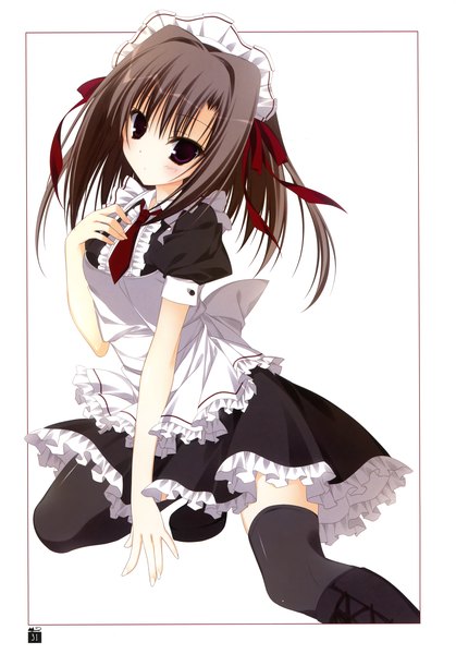 Anime picture 2446x3500 with ebiten anime international company todayama izumiko inugami kira single tall image looking at viewer blush highres short hair black hair simple background red eyes white background scan maid girl thighhighs black thighhighs headdress
