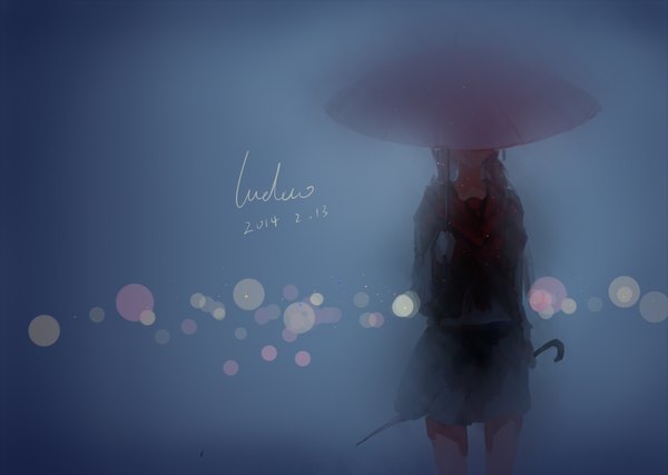 Anime picture 2100x1495 with vocaloid hatsune miku ludou (artist) single long hair highres standing twintails holding signed closed umbrella girl uniform serafuku umbrella