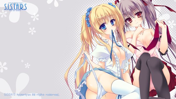 Anime picture 1920x1080 with s.i.s.t.a.r.s: kiss of trinity kiseri momokoto long hair highres breasts blue eyes light erotic blonde hair red eyes wide image twintails multiple girls holding grey hair open clothes open shirt mouth hold ribbon in mouth girl thighhighs