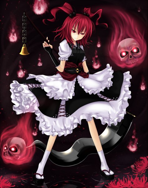 Anime picture 1981x2500 with touhou onozuka komachi cloudy.r single tall image highres short hair red eyes twintails red hair girl dress belt bell skull