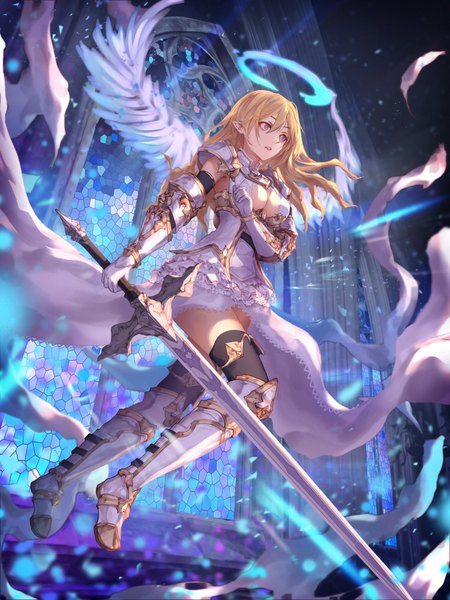 Anime picture 750x1000 with original jname single long hair tall image fringe breasts light erotic blonde hair hair between eyes holding looking away full body indoors pointy ears grey eyes angel wings angel girl thighhighs