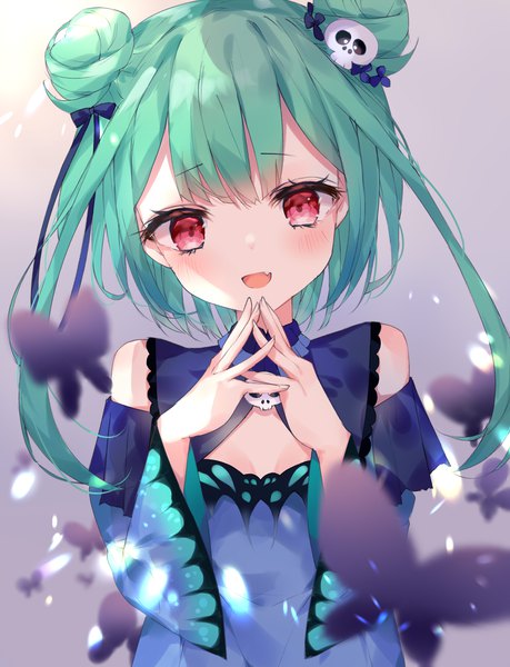 Anime picture 2687x3513 with virtual youtuber hololive uruha rushia uruha rushia (1st costume) shigureszku single tall image looking at viewer blush highres short hair open mouth red eyes upper body head tilt :d green hair hair bun (hair buns) fingers together girl