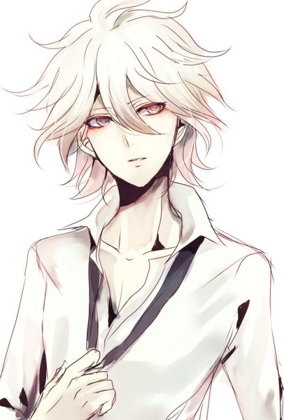 Anime picture 1264x1868 with dangan ronpa super dangan ronpa 2 komaeda nagito z-epto (chat-noir86) single tall image short hair purple eyes looking away white hair partially open clothes boy shirt white shirt