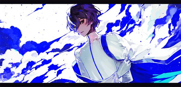 Anime picture 1200x577 with fate (series) fate/grand order arjuna (fate) mo (mocopo) single fringe short hair black hair hair between eyes wide image upper body black eyes letterboxed clothes on shoulders boy gloves white gloves