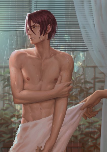 Anime picture 707x1000 with free! kyoto animation matsuoka rin penguin frontier tall image short hair light erotic red eyes looking away nipples red hair wet muscle boy navel flower (flowers) plant (plants) window towel hand