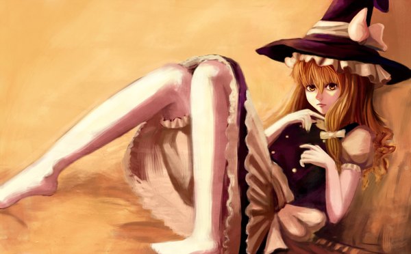 Anime picture 1400x870 with touhou kirisame marisa aya (star) long hair looking at viewer fringe blonde hair wide image yellow eyes lips witch girl thighhighs dress bow hair bow witch hat