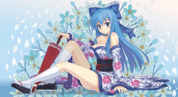 Anime picture 1400x764 with original npcpepper single long hair blush blue eyes smile wide image bare shoulders blue hair traditional clothes japanese clothes closed umbrella girl flower (flowers) bow hair bow socks kimono umbrella