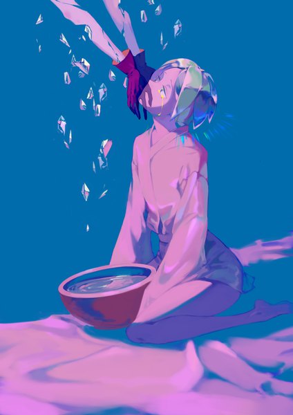 Anime picture 1280x1810 with houseki no kuni phosphophyllite antarcticite tamomoko tall image short hair sitting traditional clothes japanese clothes barefoot green hair tears wariza looking up blue background androgynous crack gloves water yukata