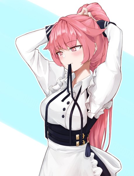 Anime picture 1661x2172 with girls frontline ntw-20 (girls frontline) umani (eighth norman) single long hair tall image blush simple background holding pink hair ponytail pink eyes arms up maid alternate costume puffy sleeves mouth hold adjusting hair looking down alternate hairstyle