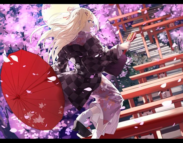 Anime picture 1100x862 with hanayamata madhouse hana n. fontainestand nine (liuyuhao1992) single long hair open mouth blue eyes blonde hair traditional clothes japanese clothes looking back cherry blossoms letterboxed midair girl plant (plants) tree (trees) socks moon