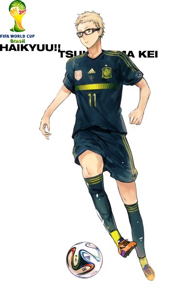 Anime picture 800x1200 with haikyuu!! production i.g adidas world cup 2014 fifa world cup tsukishima kei zis (artist) single tall image short hair simple background blonde hair white background brown eyes looking away copyright name character names football boy uniform