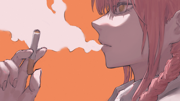 Anime-Bild 1920x1080 mit chainsaw man mappa makima (chainsaw man) 900p single long hair highres simple background wide image yellow eyes looking away red hair profile smoke face expressionless smoking orange background girl cigarette