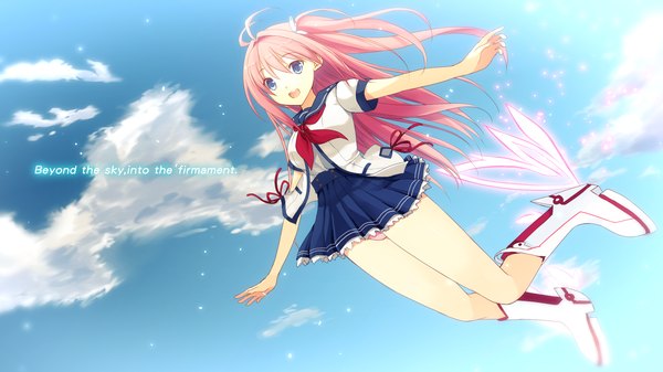 Anime picture 1920x1080 with ao no kanata no four rhythm sprite (company) kurashina asuka single long hair looking at viewer blush highres open mouth blue eyes light erotic smile wide image pink hair sky cloud (clouds) ahoge sunlight teeth spread arms