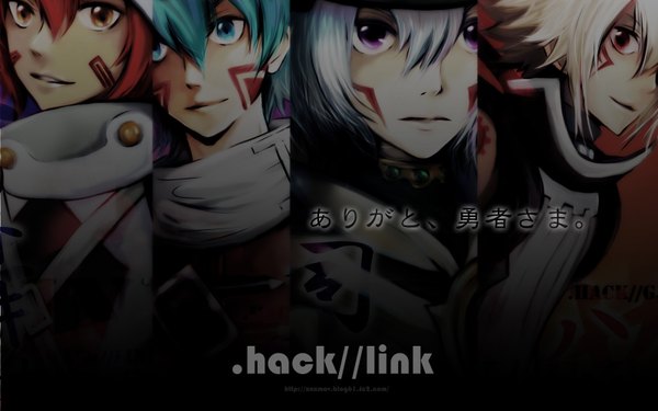 Anime picture 1600x1000 with .hack// .hack//link haseo tsukasa kite (.hack//) kuryuu tokio same (artist) smile red eyes wide image purple eyes white hair red hair aqua eyes aqua hair orange eyes tattoo boy