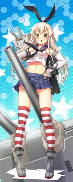 Anime picture 800x1980 with kantai collection shimakaze destroyer rensouhou-chan bosshi long hair tall image looking at viewer blush open mouth light erotic blonde hair green eyes full body :o zettai ryouiki :3 hands on hips sexually suggestive girl thighhighs