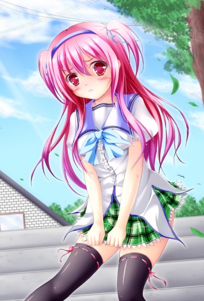 Anime picture 1000x1473 with original hiro (725611) single long hair tall image looking at viewer blush red eyes pink hair wind zettai ryouiki girl thighhighs skirt uniform black thighhighs plant (plants) school uniform tree (trees) hairband