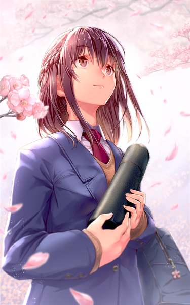 Anime picture 1000x1600 with original overlay (artist) single long hair tall image fringe hair between eyes brown hair standing holding brown eyes payot braid (braids) light smile cherry blossoms looking up half updo spring graduation girl