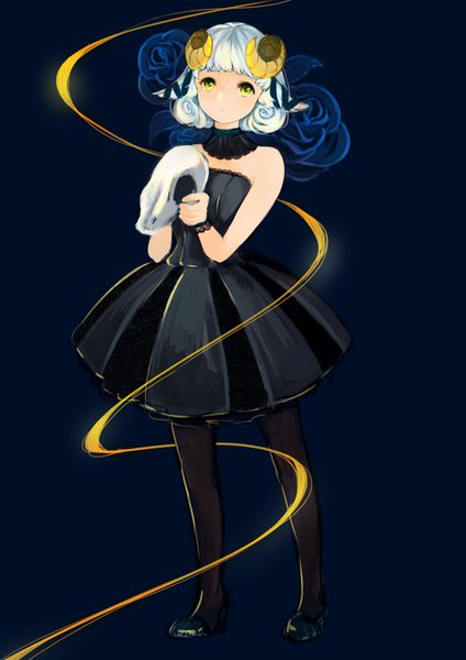 Anime picture 2480x3508 with original ikoan single tall image looking at viewer fringe highres short hair simple background standing bare shoulders holding animal ears yellow eyes silver hair full body horn (horns) high heels drill hair dark background