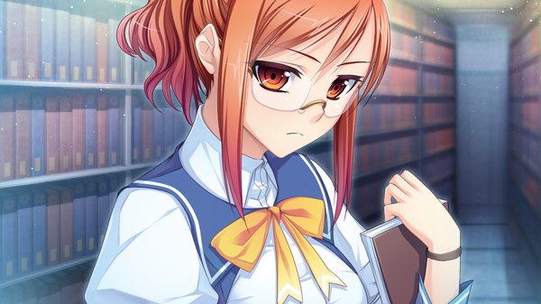 Anime picture 1280x720 with gensou douwa alicetale short hair red eyes wide image game cg red hair girl uniform school uniform glasses book (books)