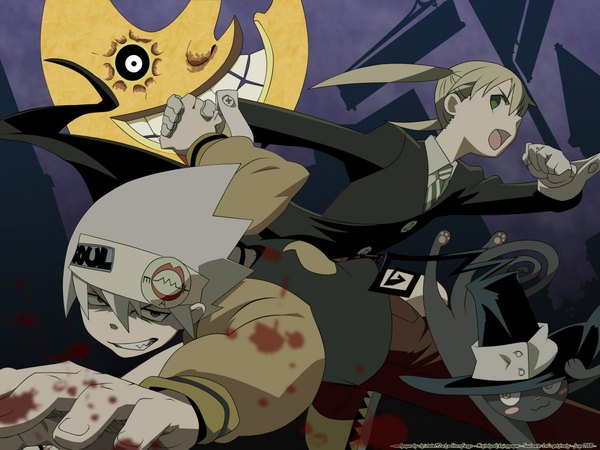 Anime picture 2000x1500 with soul eater studio bones maka albarn soul eater evans blair long hair highres short hair blonde hair red eyes twintails green eyes white hair spiked hair girl boy moon blood cat witch hat