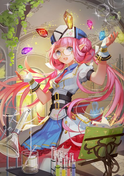 Anime picture 848x1200 with original liyu jun single long hair tall image looking at viewer fringe open mouth standing twintails pink hair indoors braid (braids) pointy ears hair bun (hair buns) magic shiny magical girl laughing girl