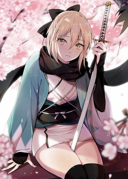 Anime picture 751x1046 with fate (series) koha-ace okita souji (fate) (all) okita souji (koha-ace) anz (starry) single tall image blush fringe short hair blonde hair smile hair between eyes sitting holding yellow eyes looking away ahoge traditional clothes parted lips
