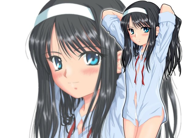 Anime picture 1024x768 with shingetsutan tsukihime type-moon toono akiha long hair blue eyes light erotic black hair open clothes open shirt zoom layer twisty sleeves dressing