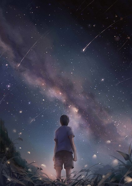 Anime picture 700x990 with original sishenfan single tall image short hair black hair standing night from below night sky milky way meteor rain boy plant (plants) shorts star (stars) grass