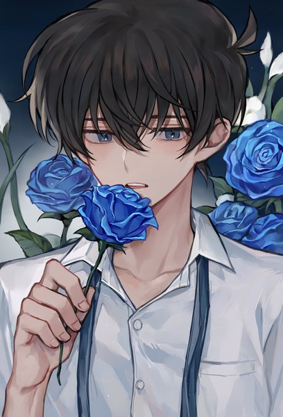 Anime picture 800x1177 with detective conan kudou shinichi ha nee2 single tall image looking at viewer fringe short hair open mouth blue eyes black hair hair between eyes holding upper body portrait dark background boy flower (flowers) shirt white shirt