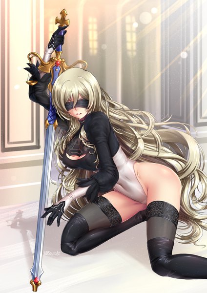 Anime picture 1240x1754 with goblin slayer! nier nier:automata yorha no. 2 type b sword maiden adsouto single long hair tall image blush fringe breasts light erotic blonde hair large breasts holding signed payot cleavage bent knee (knees)