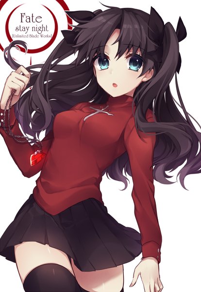 Anime picture 900x1302 with fate (series) fate/stay night type-moon toosaka rin sakura yuki (clochette) single long hair tall image looking at viewer blue eyes black hair simple background white background twintails zettai ryouiki girl thighhighs skirt ribbon (ribbons) black thighhighs