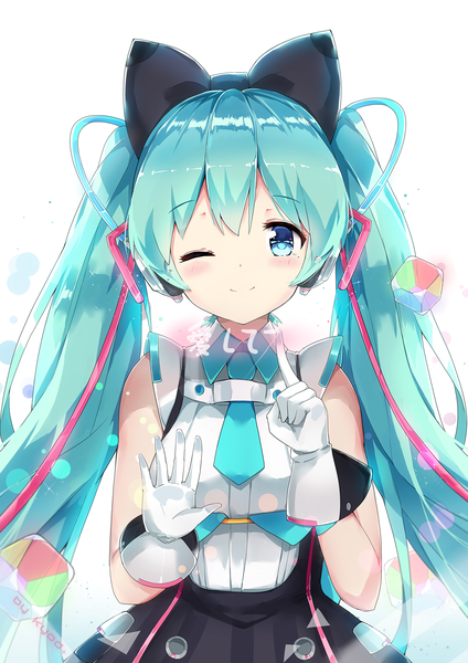 イラスト 1442x2039 と ボーカロイド マジカルミライ 初音ミク magical mirai miku マジカルミライ2016 あさひクロイ ソロ 長髪 長身像 赤面 前髪 青い目 笑顔 hair between eyes ツインテール 肩出し signed one eye closed aqua hair inscription