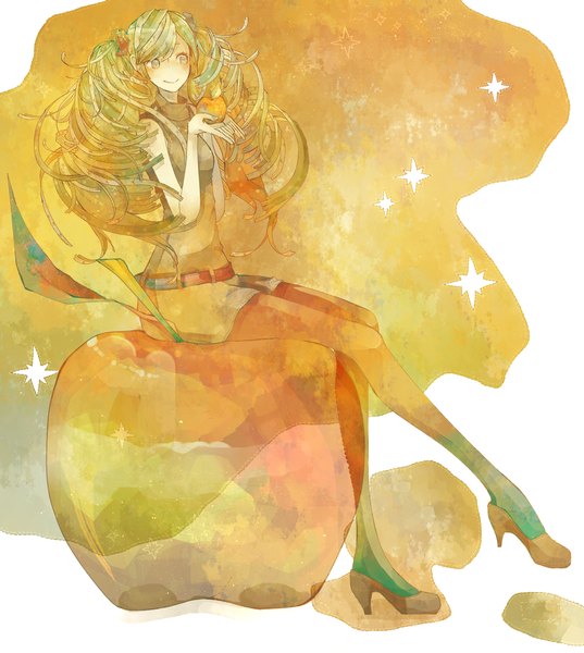 Anime picture 1779x1988 with vocaloid hatsune miku mizutamari tori long hair tall image highres twintails legs girl fruit apple