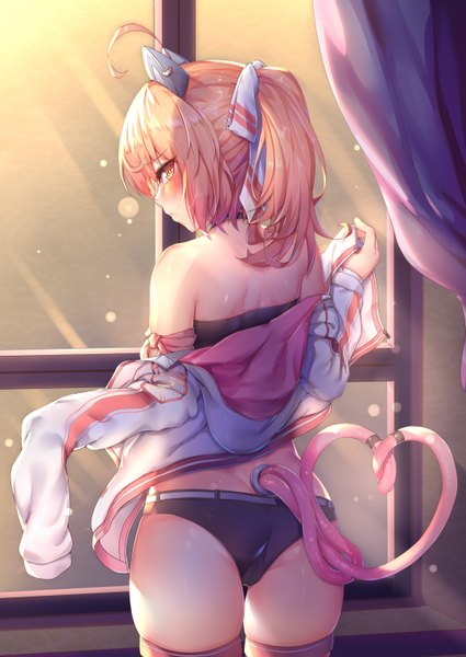 Anime picture 2150x3035 with warship girls r juneau (warship girls r) ray (pixiv9514208) single long hair tall image looking at viewer blush fringe highres light erotic blonde hair hair between eyes standing yellow eyes ahoge ass ponytail indoors tail