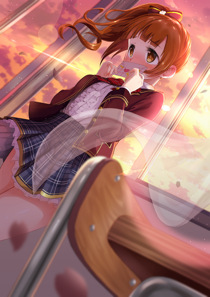 Anime picture 1447x2047 with idolmaster idolmaster cinderella girls idolmaster cinderella girls starlight stage igarashi kyouko 0141zucker single long hair tall image blush fringe brown hair brown eyes looking away sky cloud (clouds) indoors blunt bangs wind sunlight open clothes
