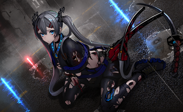 Anime picture 4742x2894 with original asagon007 single long hair looking at viewer fringe highres blue eyes hair between eyes wide image sitting twintails absurdres full body outdoors grey hair dutch angle torn clothes wariza rain