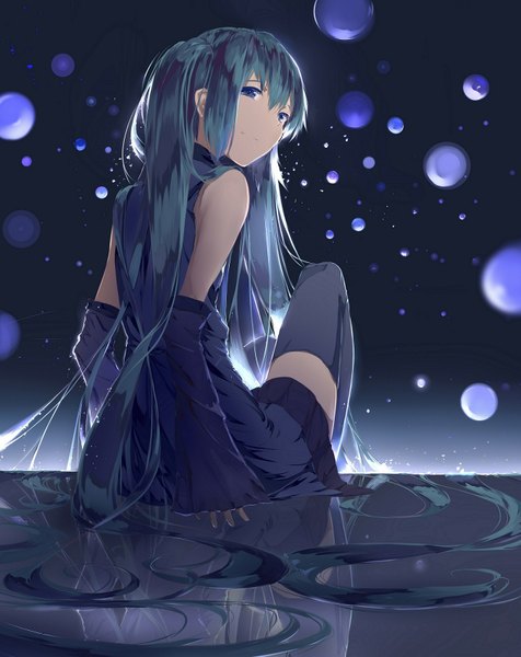 Anime picture 1348x1700 with vocaloid hatsune miku lilikou single long hair tall image fringe blue eyes smile sitting twintails looking back from behind wide sleeves zettai ryouiki back girl thighhighs detached sleeves