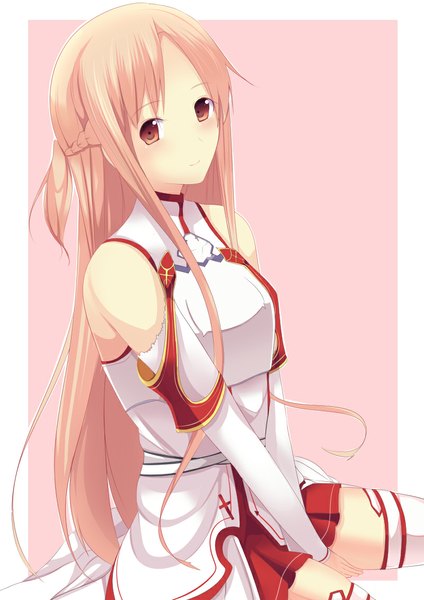 Anime picture 800x1131 with sword art online a-1 pictures yuuki asuna daiaru single long hair tall image looking at viewer blush blonde hair bare shoulders brown eyes girl thighhighs detached sleeves white thighhighs