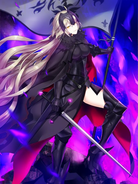 Anime picture 2000x2664 with fate (series) fate/grand order fate/apocrypha jeanne d'arc (fate) (all) jeanne d'arc alter (fate) popompon single tall image fringe highres breasts blonde hair smile hair between eyes large breasts standing holding yellow eyes payot looking away