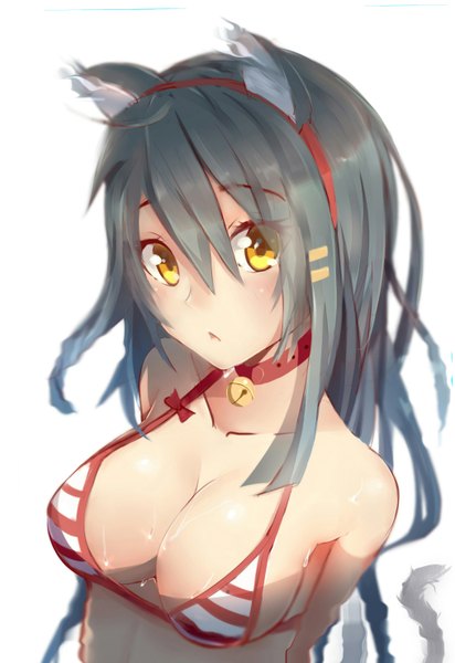 Anime picture 2031x2952 with kantai collection haruna battleship gin00 single long hair tall image blush highres open mouth light erotic black hair hair between eyes brown eyes animal ears head tilt cat ears fake animal ears striped bell collar kemonomimi mode