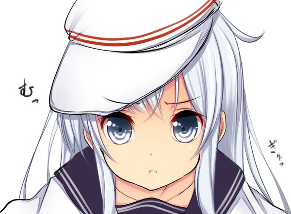 Anime picture 1200x880 with kantai collection hibiki destroyer verniy destroyer kiyomin single long hair looking at viewer blue eyes simple background white background white hair :t girl sailor suit flat cap