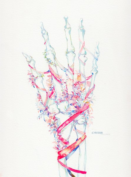 Anime picture 1000x1348 with original sarnath tall image simple background white background signed close-up traditional media watercolor (medium) bone (bones) ribbon (ribbons) plant (plants) hands