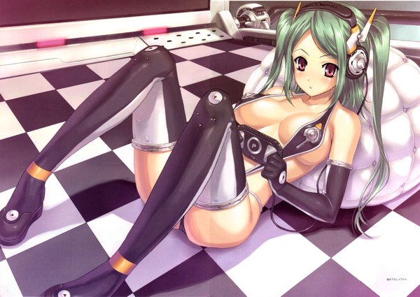 Anime picture 3000x2129 with highres light erotic absurdres checkered floor checkered background girl headphones