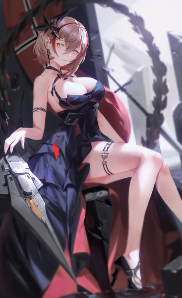 Anime picture 900x1473 with azur lane roon (azur lane) roon (dark red grin) (azur lane) dongfangzhong111 single tall image looking at viewer fringe short hair breasts light erotic hair between eyes brown hair large breasts sitting brown eyes cleavage bent knee (knees) nail polish head tilt