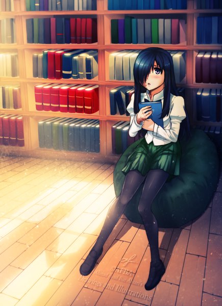 Anime picture 3216x4432 with katawa shoujo ikezawa hanako single long hair tall image looking at viewer blush fringe highres open mouth blue eyes black hair sitting holding absurdres hair over one eye inscription girl uniform school uniform