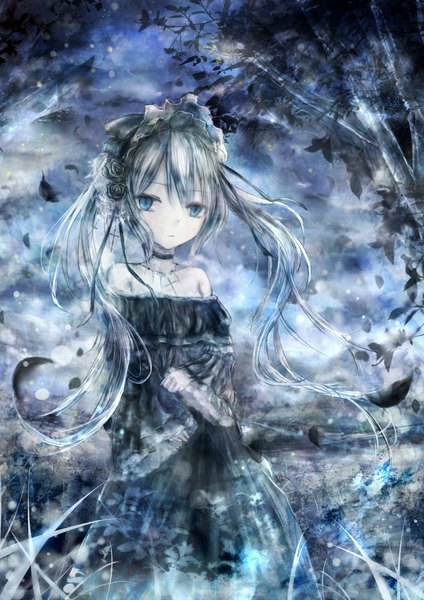 Anime picture 821x1161 with original razurimu single long hair tall image looking at viewer fringe blue eyes hair between eyes standing twintails bare shoulders silver hair outdoors long sleeves hair flower night wide sleeves night sky floating hair